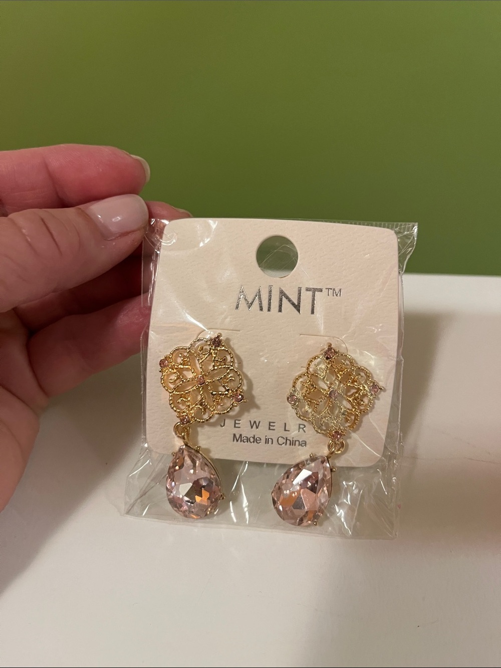 NWT Mint Gold Filigree Earrings with Blush Teardrops